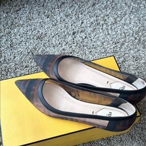 Fendi Brown and Black Pointed Toe Logo Flats